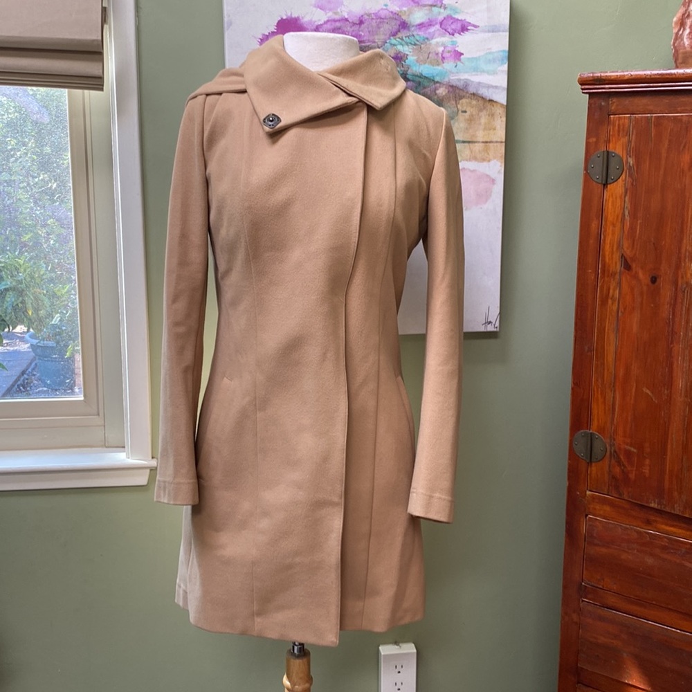 Betabrand Women’s Long Hooded Camel All-Day Coat